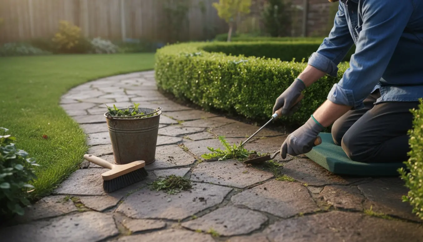 Gartner fjerner ukrudt mellem fliser og langs en hæk i en lille solbeskinnet have.