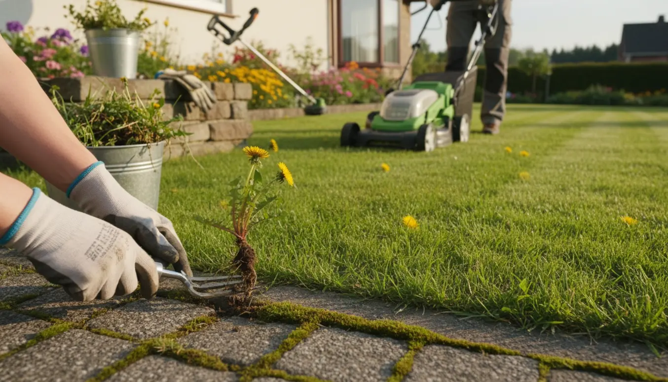 Nærbillede af havearbejde: ukrudtsfjernelse mellem fliser og plæneklipning med plæneklipper.