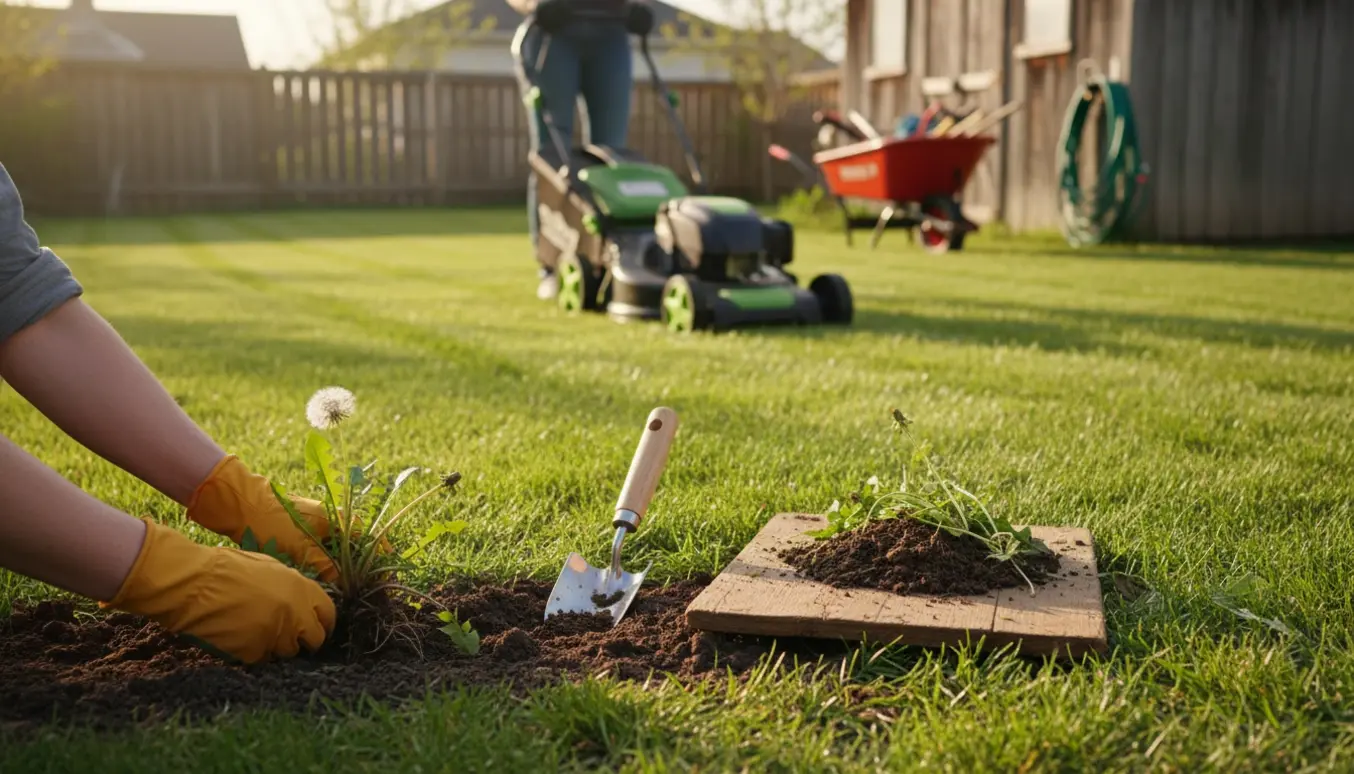 En person klipper græsset og trækker ukrudt op i en baghave i varmt eftermiddagsslys.