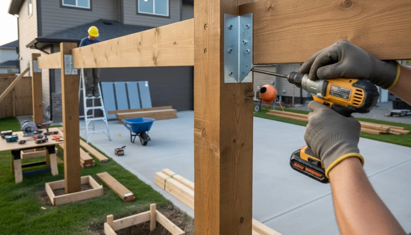 Håndværkere monterer træbjælker og metalbeslag til en dobbelt carport ved et hus.