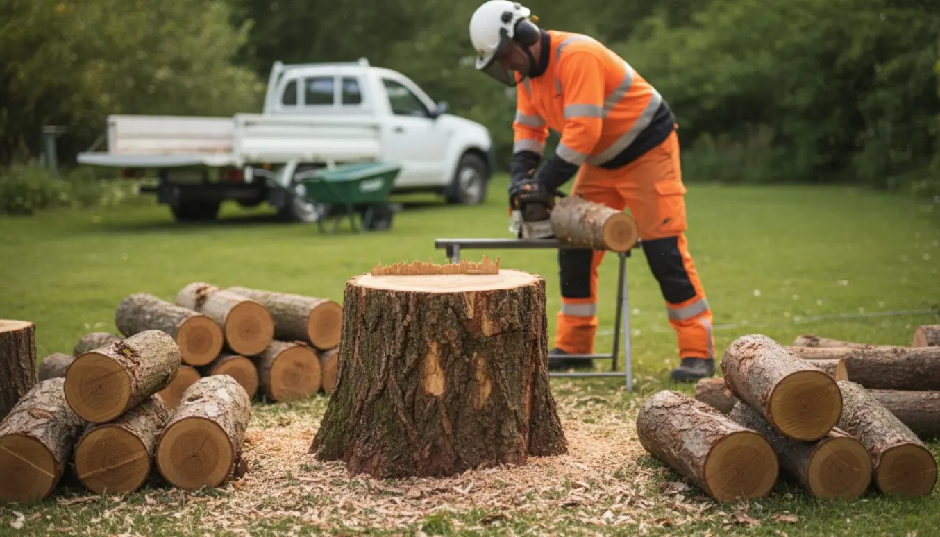 Arbejder skærer træstamme i håndterbare stykker ved en cirka én meter høj stub i en baghave.