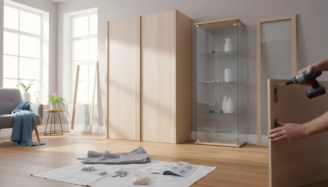 Nærbillede af montage af et bredt garderobeskab og vitrineskab på et lyst stuegulv med værktøj.