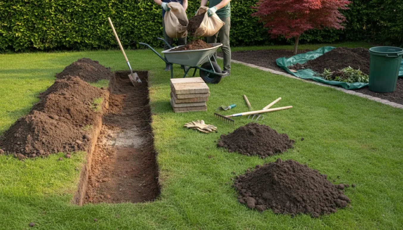 Grave- og genopfyldningsarbejde i en baghave med trillebør, skovle og bunker af jord ved to udgravede bede.