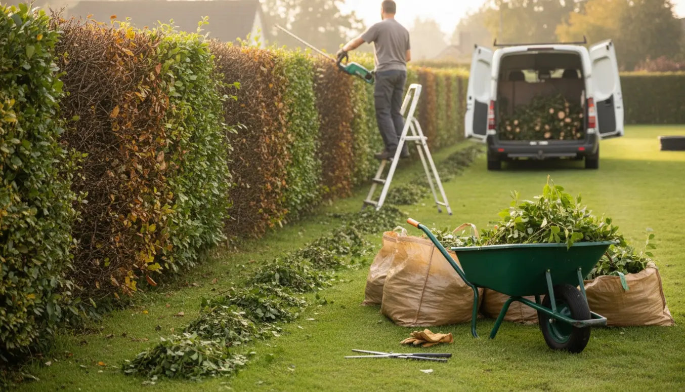 Gartner klipper en lang tjørn- og bøgehæk med hækkeklipper, mens afklip samles i trillebør og sække.