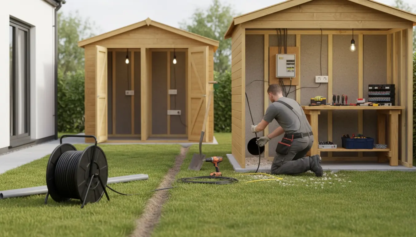 Elektriker fører kabel gennem betonfundament ind til et to-rums havehus, med værktøj og materialer klar.