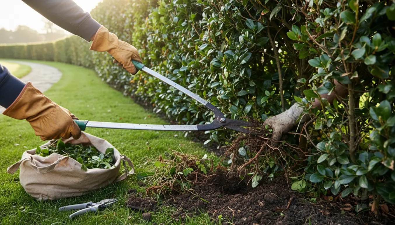 Nærbillede af hækkeklipning og håndlugning ved en cirka 2 m høj hæk med hæksaks, handsker og opsamlet grønt affald.