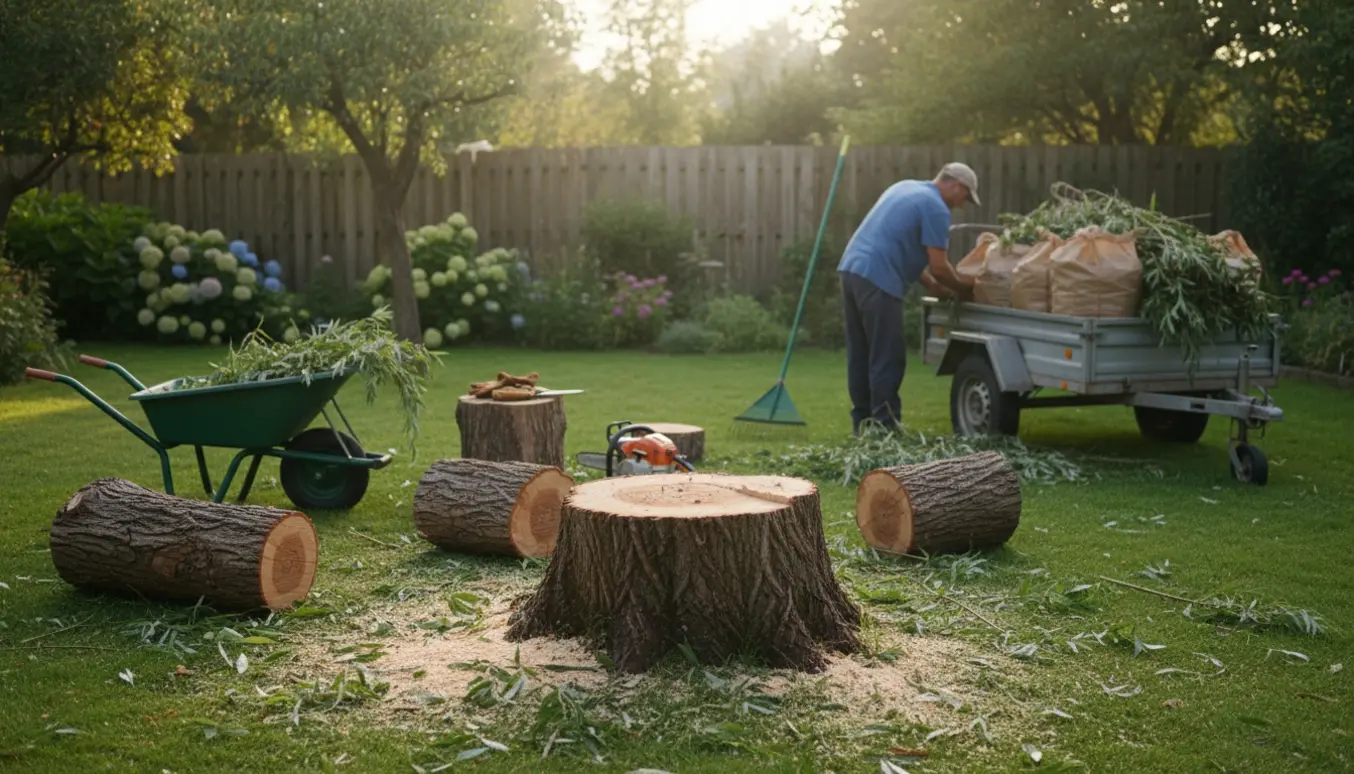 Nyfældet piletræ med synlig stub, stakke af grene og haveaffald klar til afhentning.