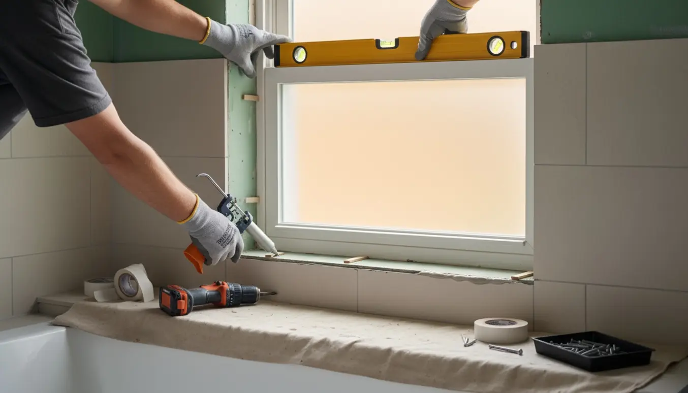 Handskerede hænder monterer et badeværelsesvindue i en flisevæg med værktøj og fuge klar.