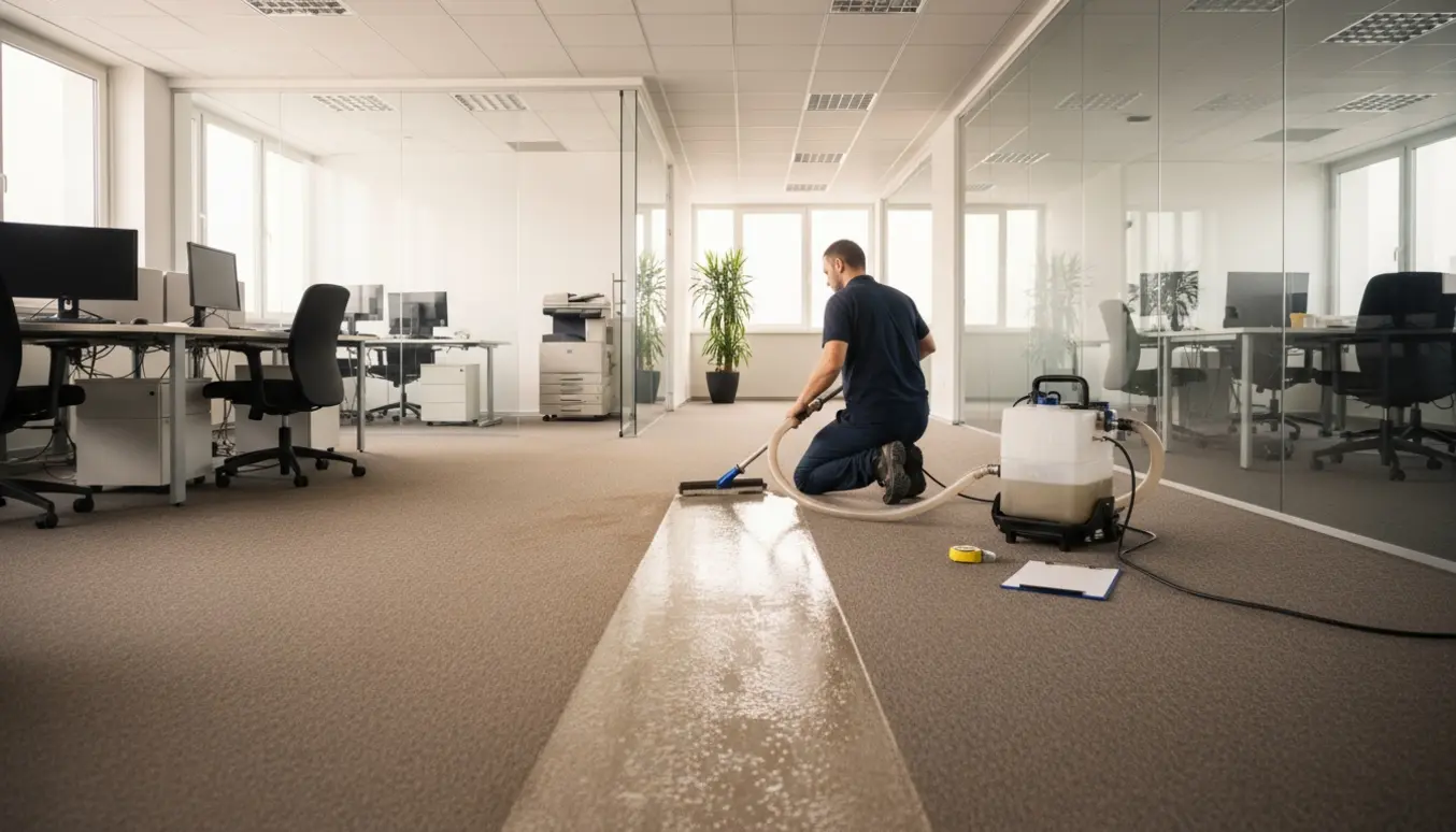 Tæpperensning i et moderne kontor med maskine og synlig før- og efter-effekt på gulvet.