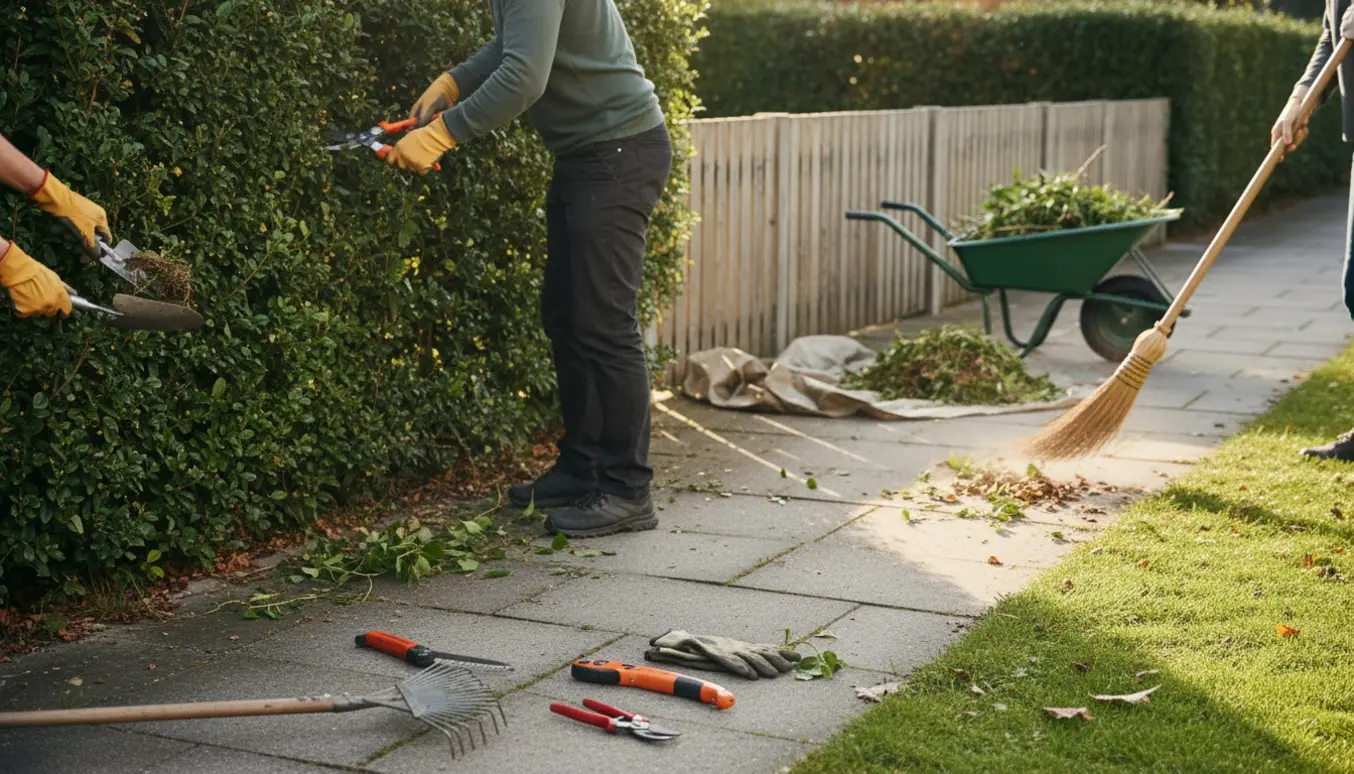 Personer uden synlige ansigter luger ukrudt, beskærer en hæk ved et plankeværk og fejer fortovet.