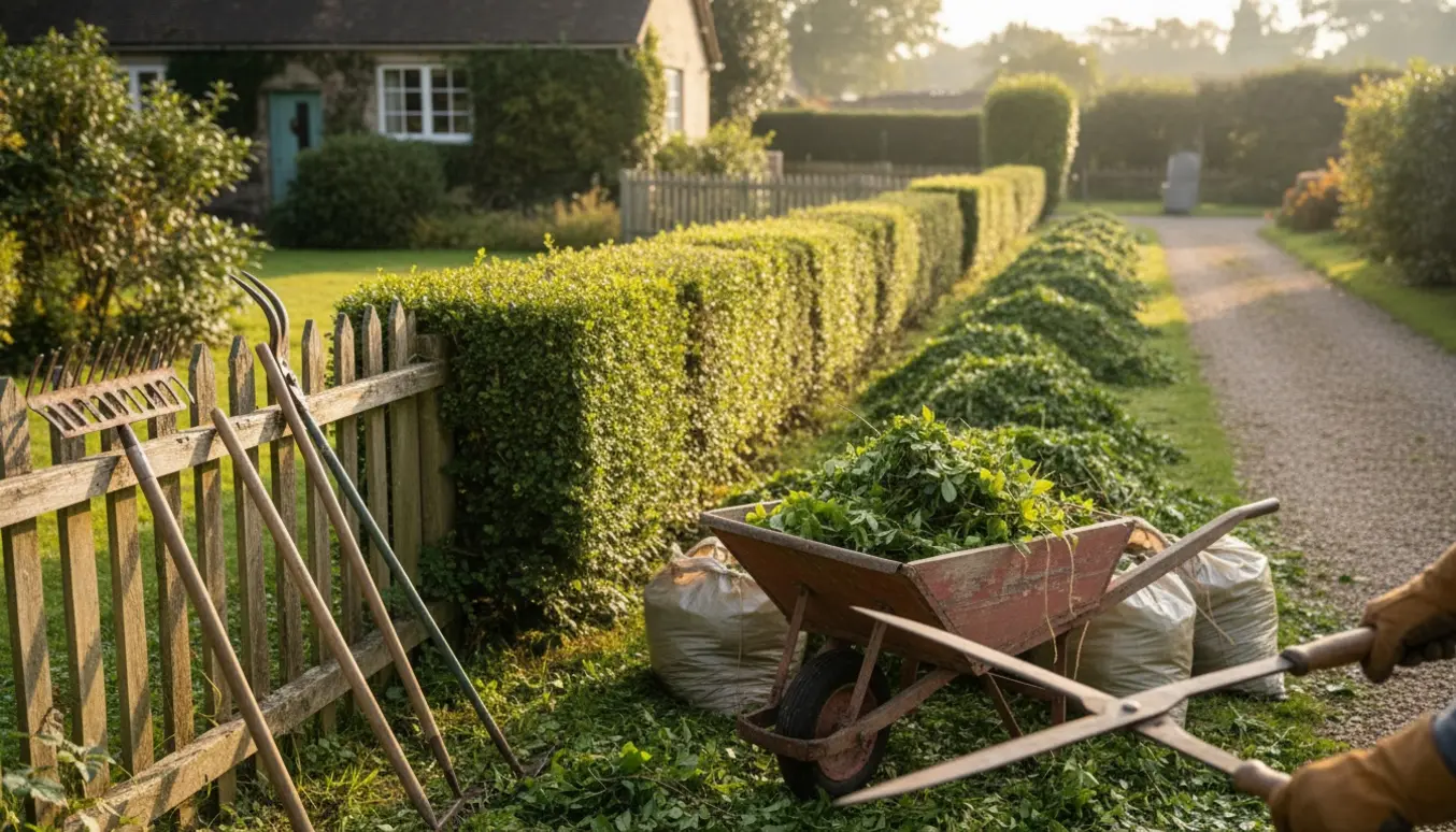 Overgroet pensionisthave med nyklippede hække, trillebør, håndredskaber og bunker af haveaffald klar til bortkørsel.