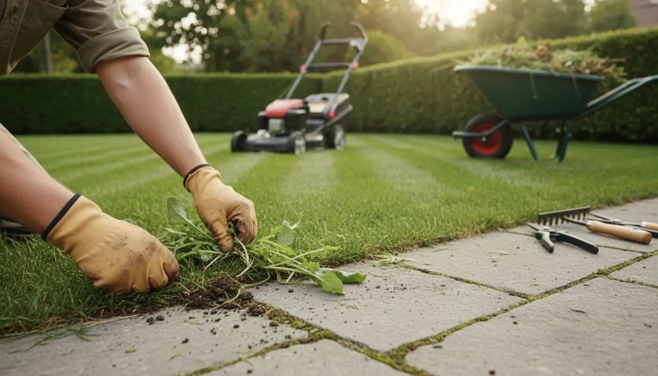 Handskede hænder fjerner ukrudt langs en havegang med nyklippet græs og nytrimmet hæk i en lille parcelhushave.