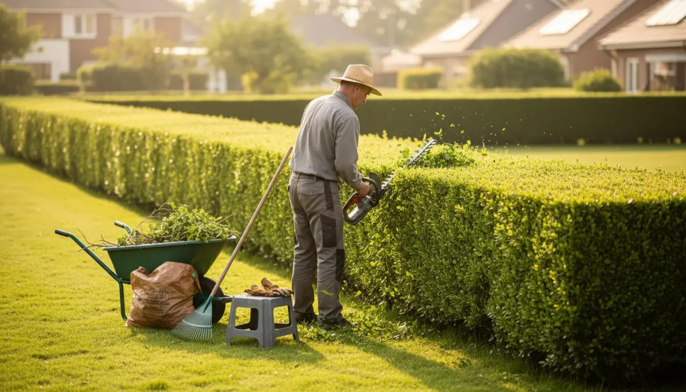 En havearbejder trimmer en lav ligusterhæk, med friske klip i en trillebør klar til bortskaffelse.