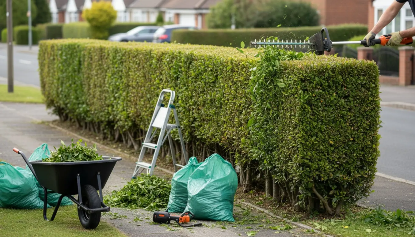 En skulderhøj ligusterhæk langs vejen klippes med stanghækkeklipper, mens afklip samles i en trillebør.