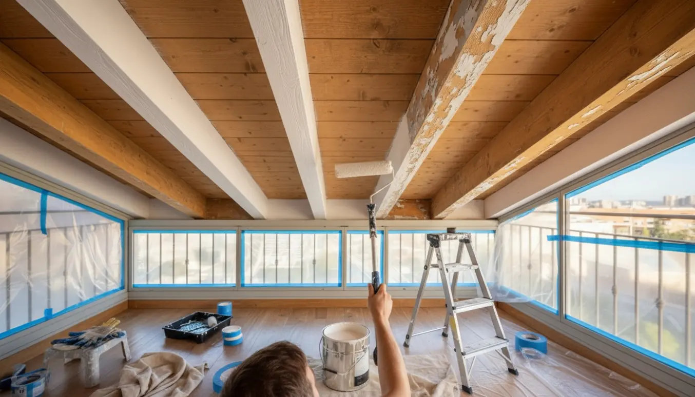 Malearbejde på altanspær og loft med rulle, spand og afdækning i naturligt dagslys.