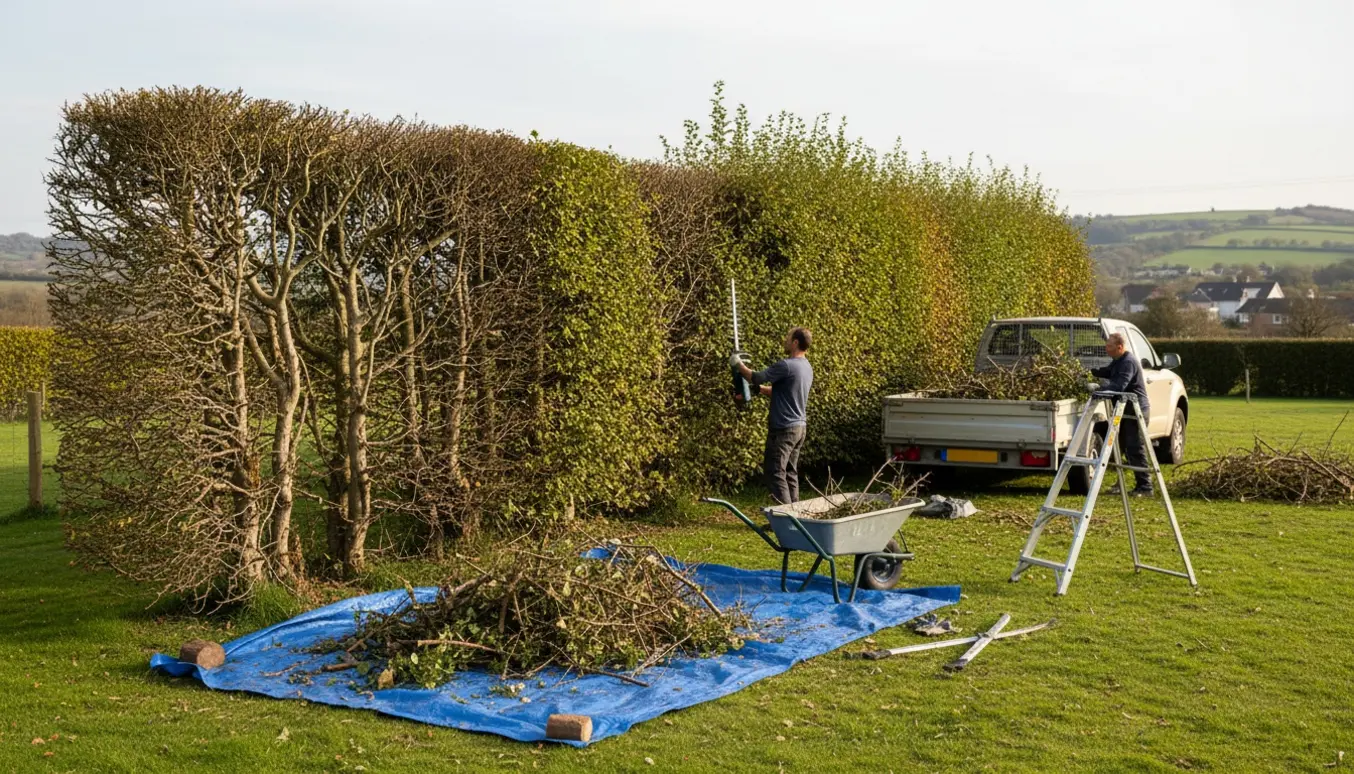 Nyligt nedsavet tjørnehæk med afklippede grene samlet i trailer klar til bortskaffelse.