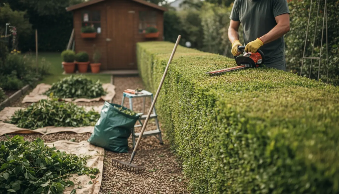En kolonihavehæk bliver professionelt klippet til en jævn top med haveredskaber og bunker af afklip ved en sti.