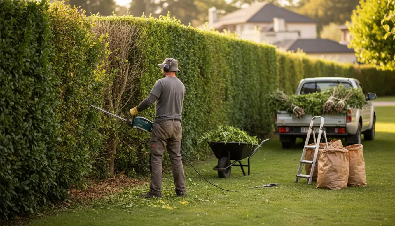 Lang hæk klippes ned til 1,5 m, mens haveaffald læsses i en trailer klar til genbrugspladsen.