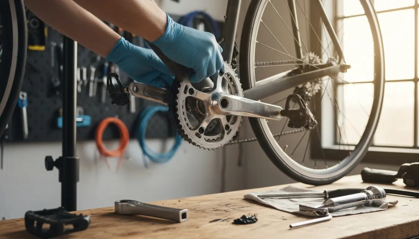 Nærbillede af cykel i reparationsstander, hvor en gammel krank udskiftes med en ny Hollowtech-krank.