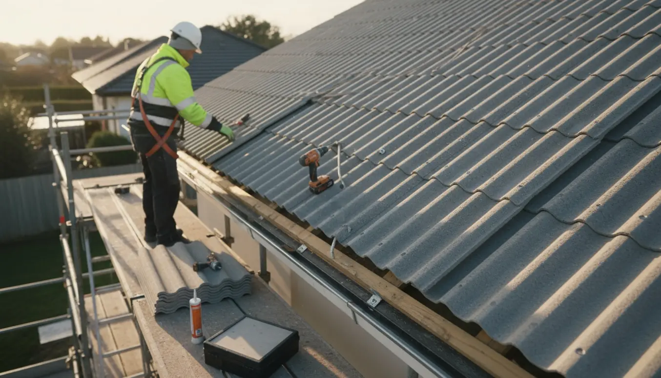 Håndværker fra siden monterer nye eternit B7-plader på et tag med stillads og værktøj.
