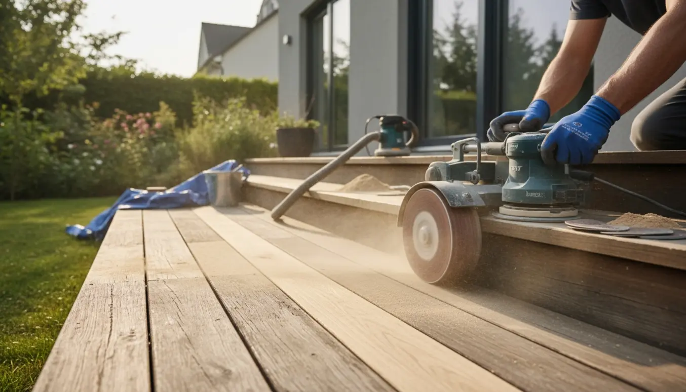 Nedslibning af en gammel hårdtræs-terrasse og en mindre trappe med elektriske slibemaskiner og træstøv i sollys.
