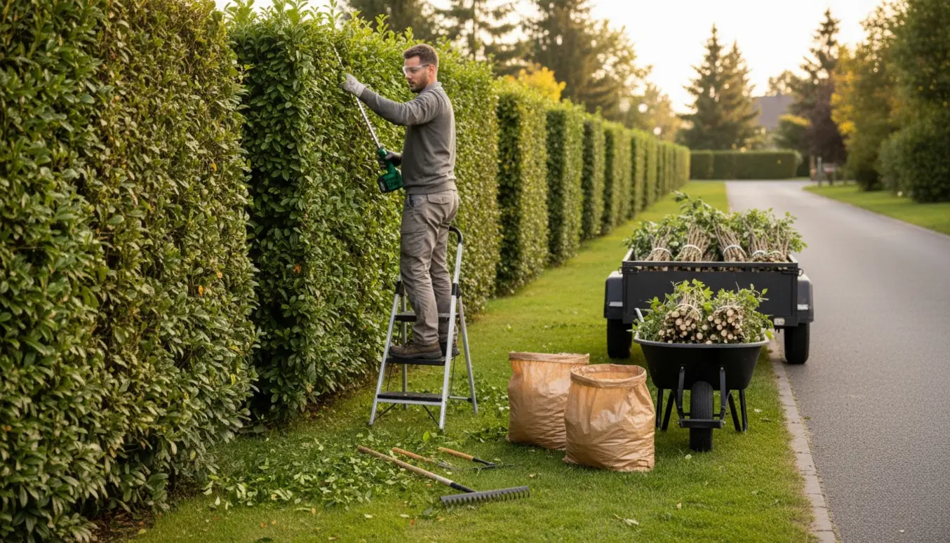 Lang 180 cm hæk klippes og afklip lægges til bortkørsel ved nem adgang.