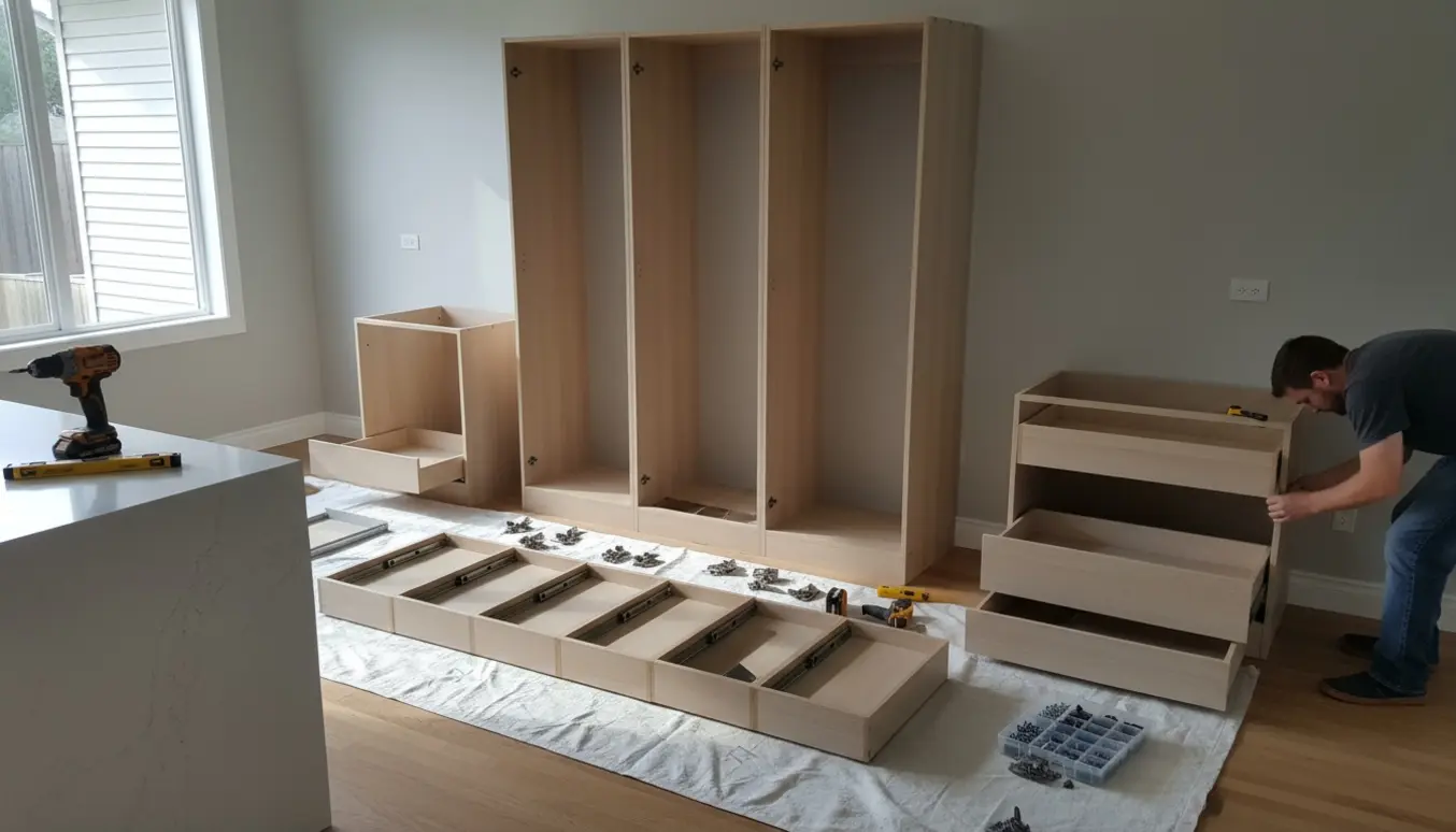 Lyst køkken med delvist samlede køkkenskabe, åbne skuffer og værktøj klar til montering.