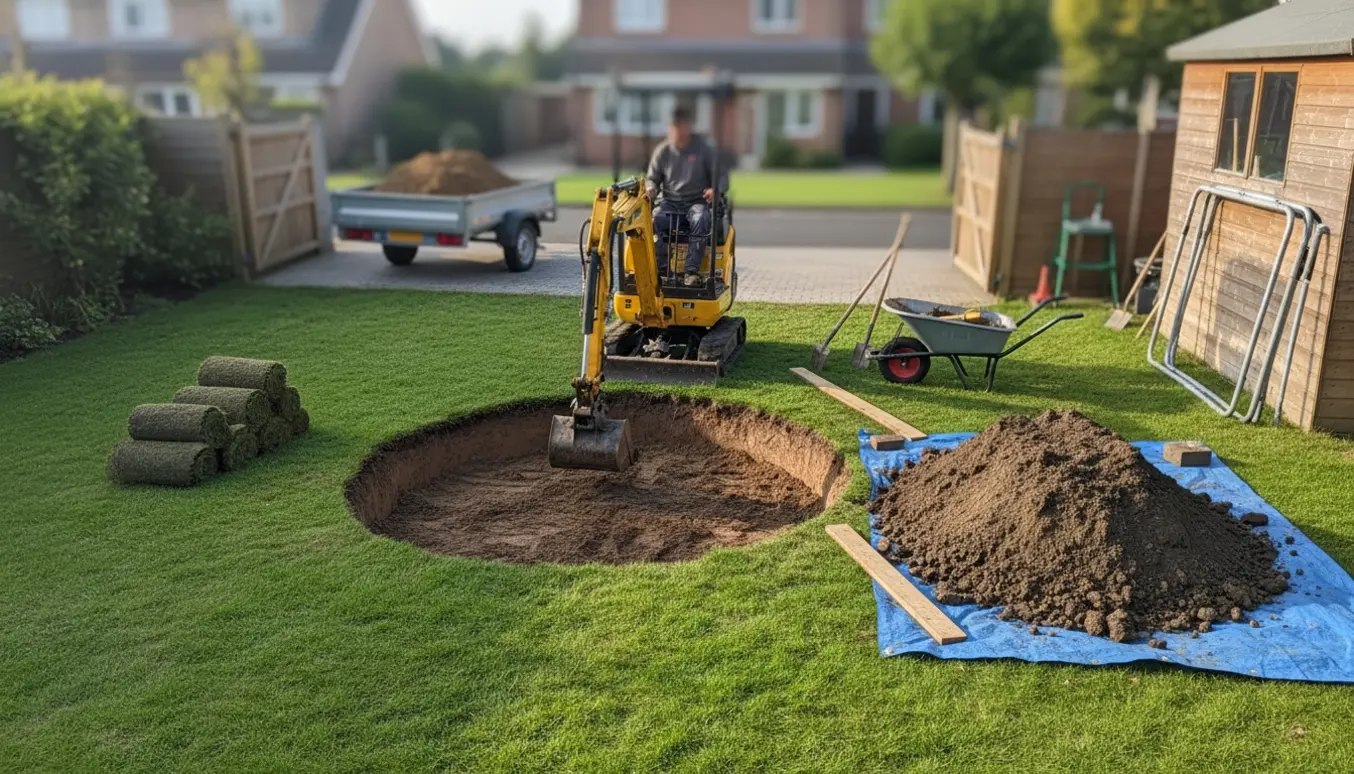 Mini-gravemaskine graver et rundt hul til trampolin i en have, jord læsset i trailer ved indgangen.