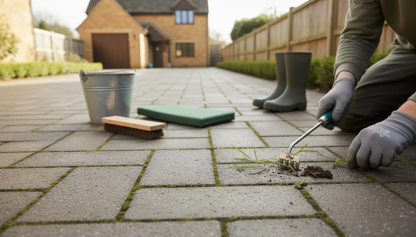 Handsker og værktøj fjerner ukrudt mellem fliserne på en lang indkørsel.