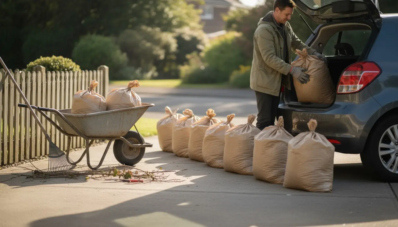 En person læsser haveraffaldssække ind i bagagerummet på en bil i indkørslen med trillebør og haveredskaber ved siden af.