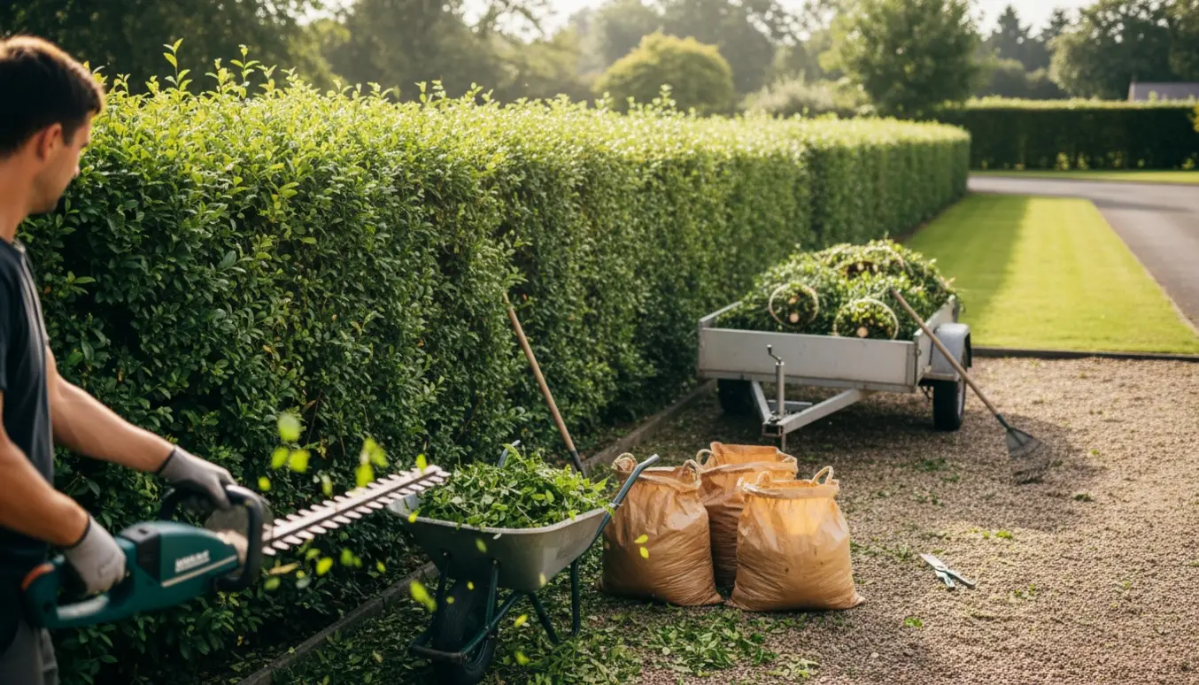 En person klipper en lang hæk og læsser hækafklip i en trailer på indkørslen.