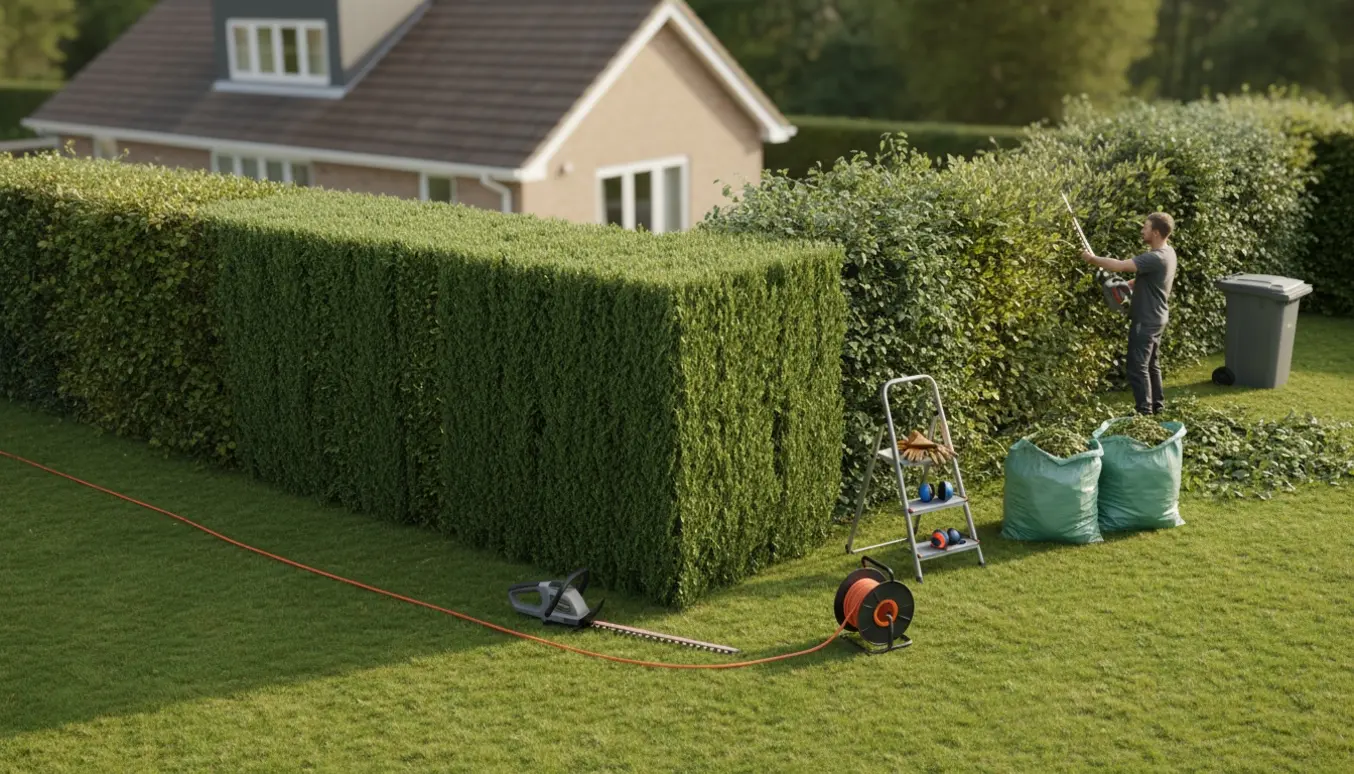 Person klipper en 2 m høj hæk på hjørnegrund med elektrisk hækkeklipper, forlængerledning og bunker af grønt affald.