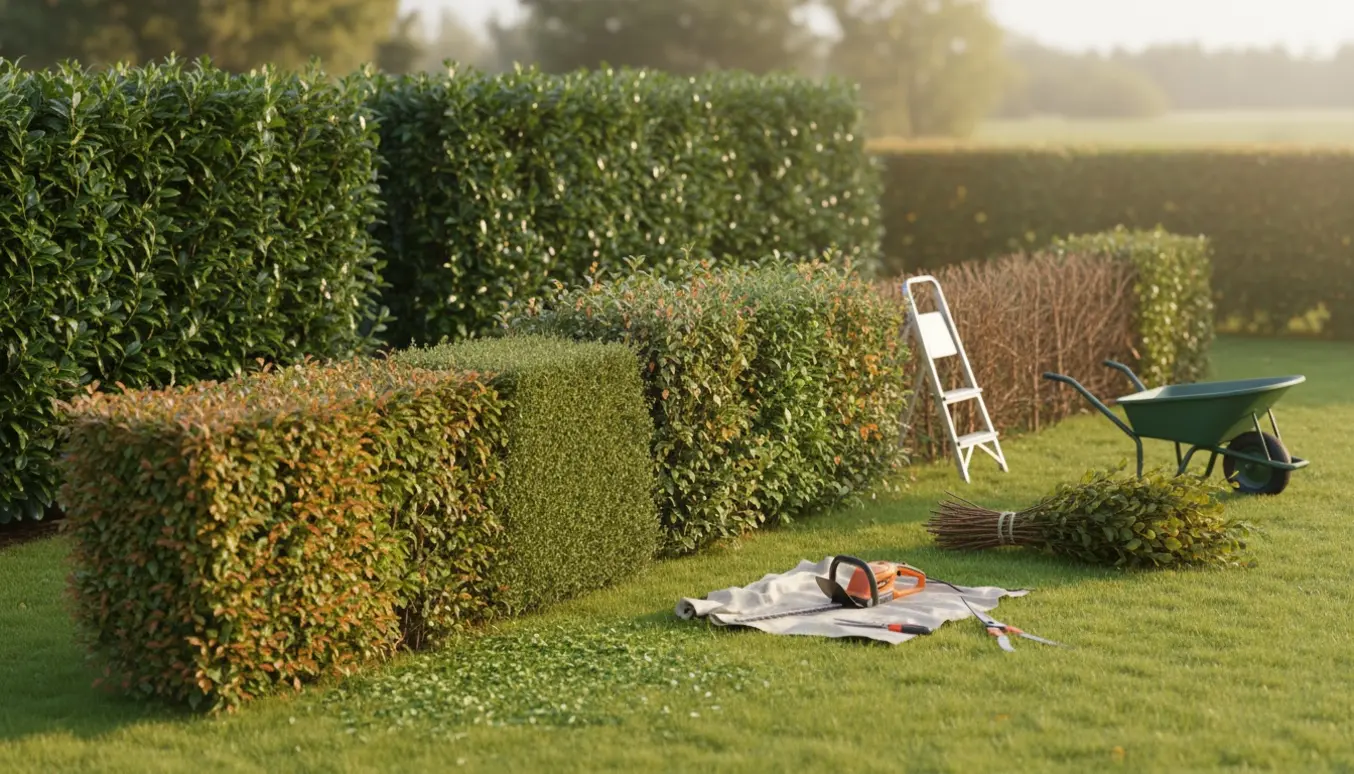 Nyklippede laurbær-, blandet- og bøgehække i en have med hækkeklipper og værktøj i forgrunden.