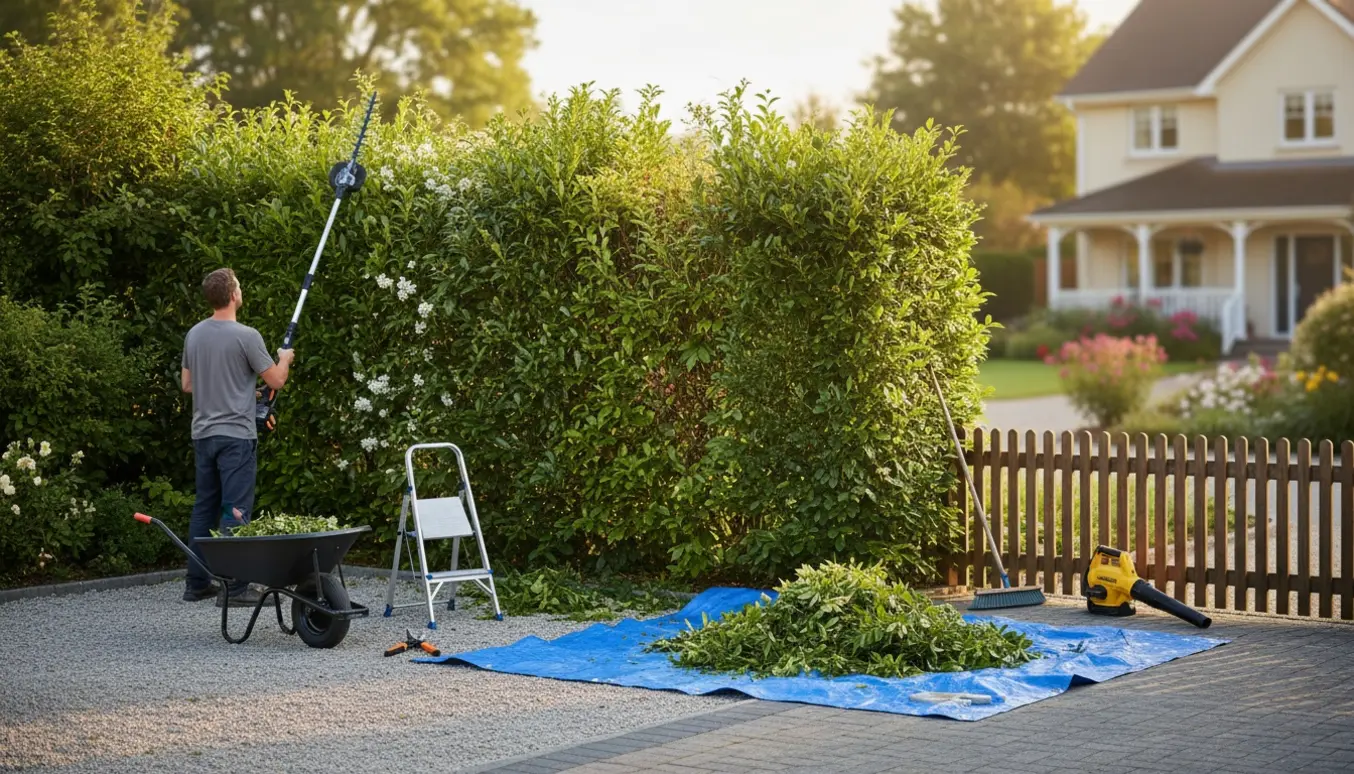Hækklipning i indkørsel med trimmer, presenning med kviste og opsamling i en trillebør.