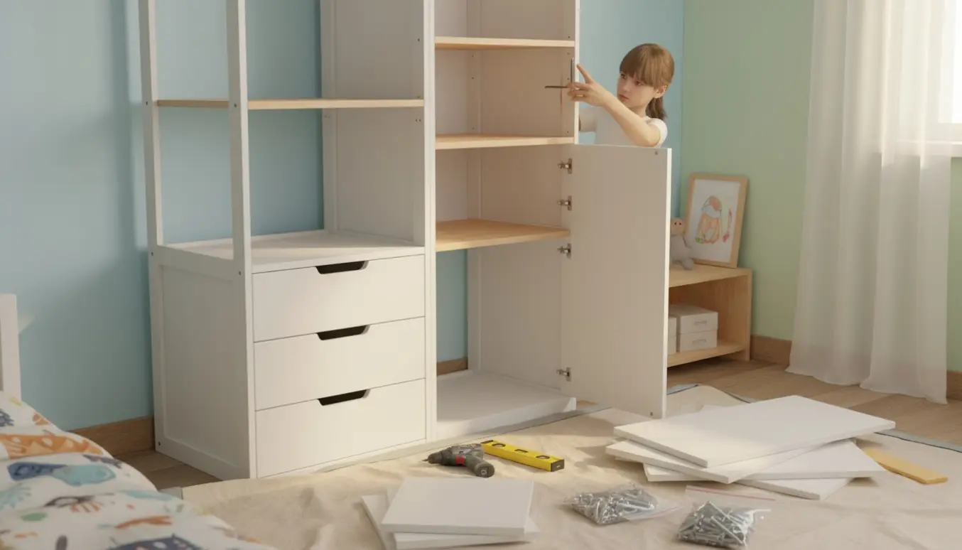Delvist samlet PLATSA-garderobe i et børneværelseshjørne, hænder monterer hylder og tre skuffer.