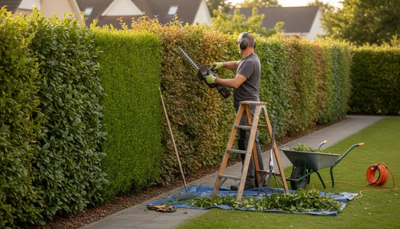 Havearbejder ses bagfra klippe en liguster- og bøgehæk med elektrisk hækkeklipper og bunker af afklip ved siden af.