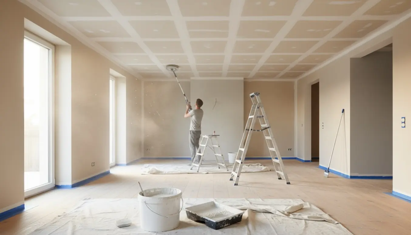 Interiør i parcelhus under renovering med girafsliber, spartelmasse, malerværktøj og afdækningsdug.