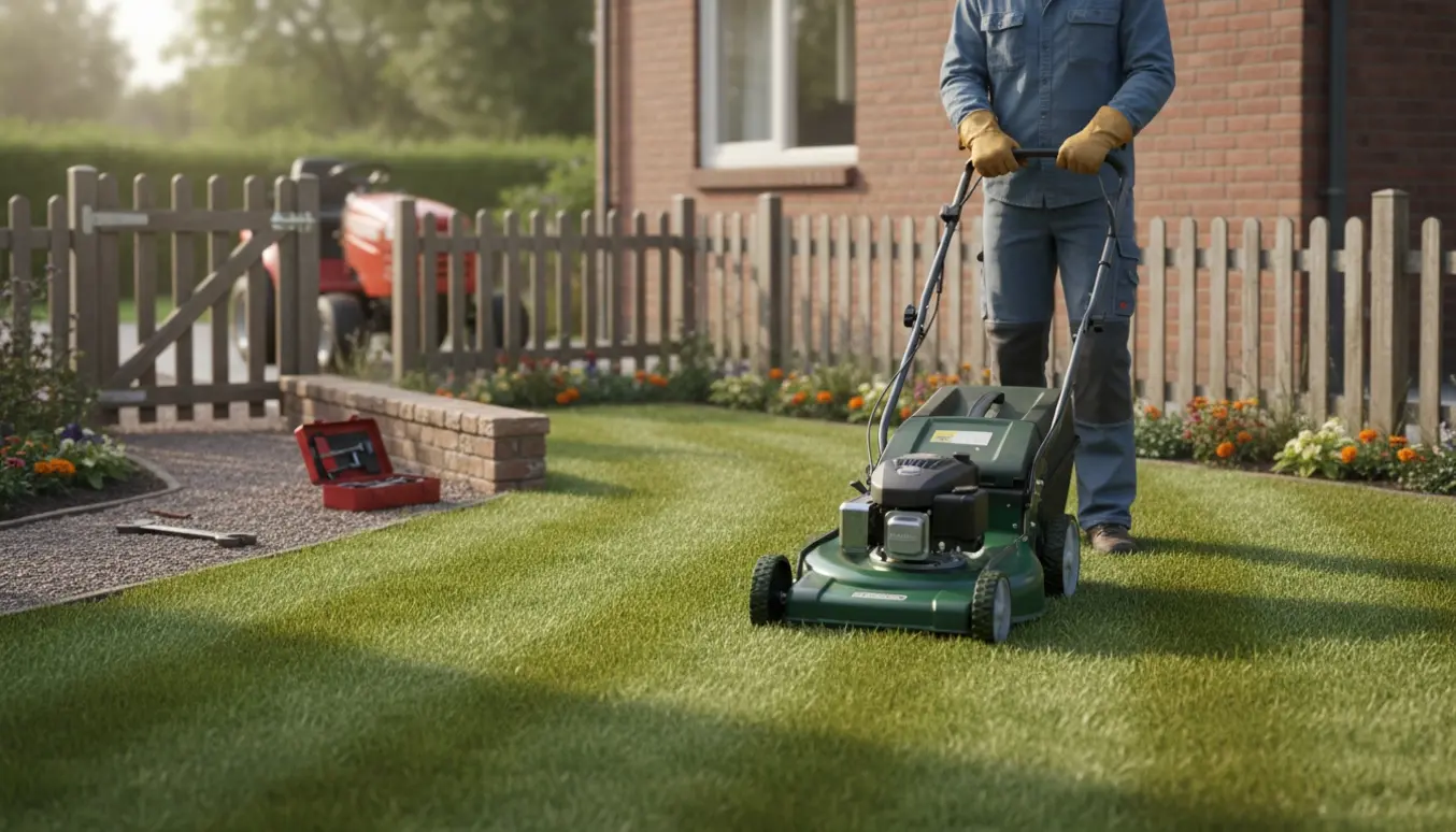 Bagfra set person slår græs på en lille villagrund med en håndskubber gennem en smal åben låge.