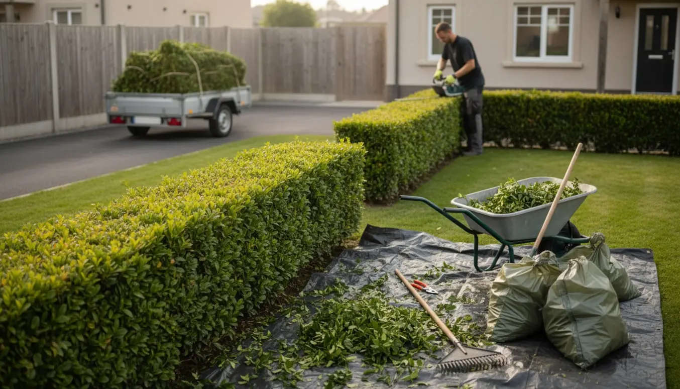 Ligusterhæk i en parcelhushave bliver klippet; haveredskaber, fyldte sække og trailer står klar til bortskaffelse.