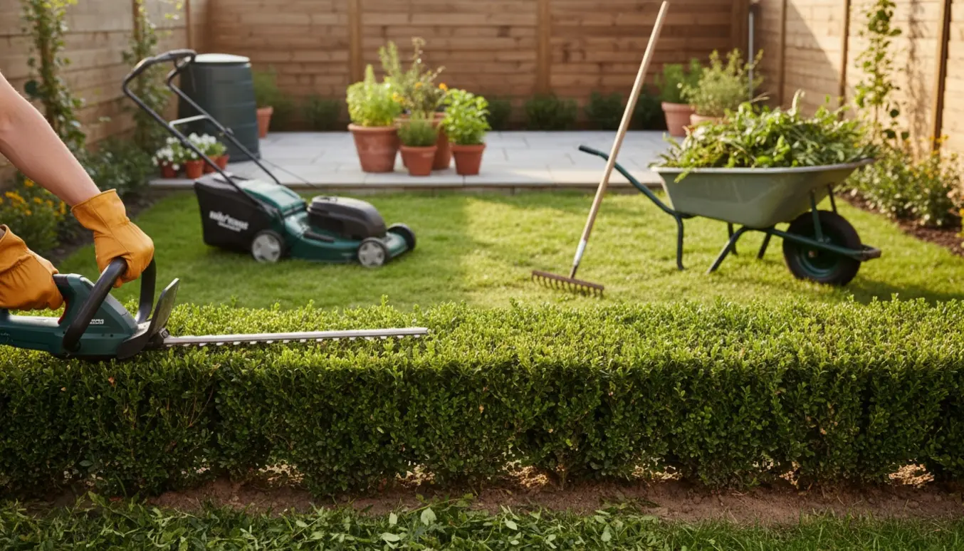 Lille baghave med nyslået græs, nyskåret hæk og en trillebør fuld af haveaffald.