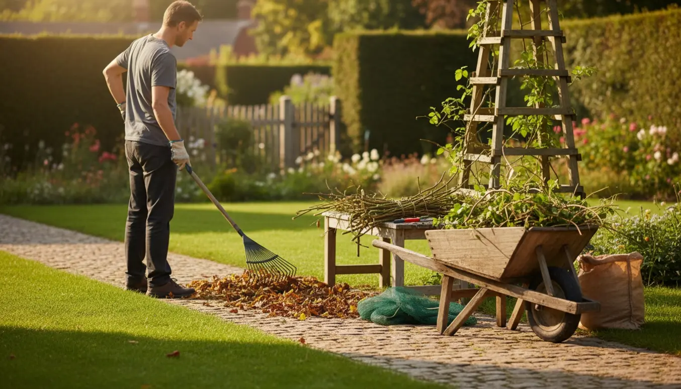 En anonym gartner rydder have, fjerner tørre blade og klipper overgroede slyngplanter med rive og grensaks.