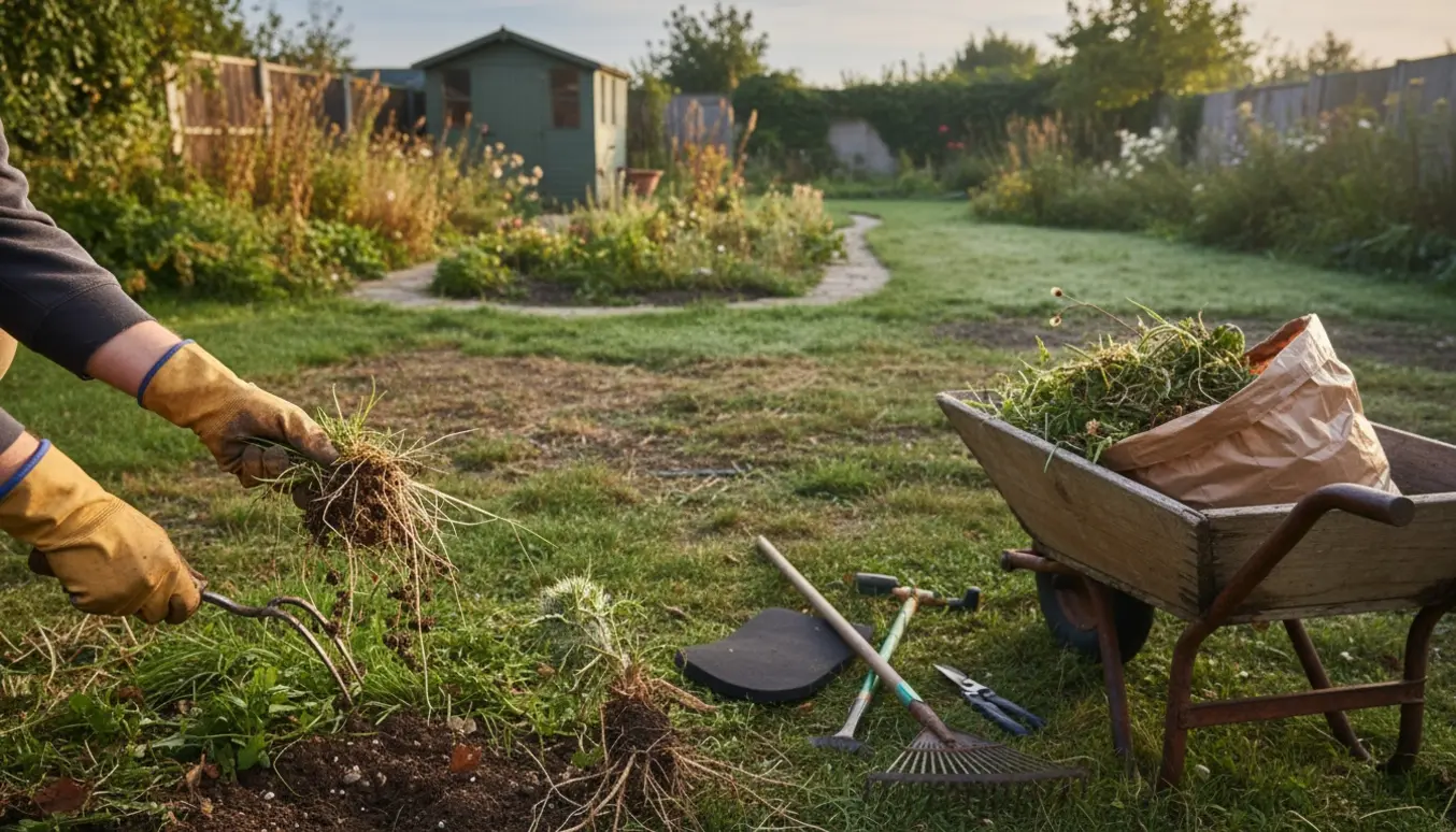 Nærbillede af handsker og redskaber, der trækker tidsler og kvikgræs op fra en forsømt have med pile af ukrudt i en trillebør.
