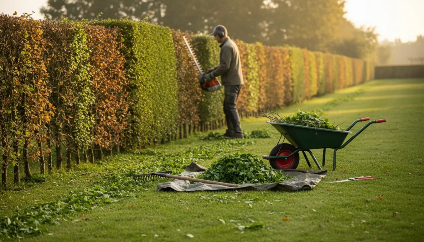 Hækkeklipper rydder og samler afklip fra nytrimmede bøgehække ved en boligvej.