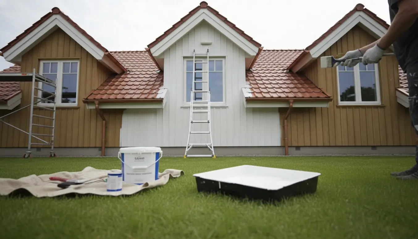 Person maler en kvist og to gavle på et hus med stige og malerværktøj i forgrunden.