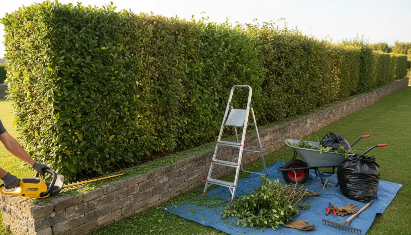 Overgroet 2–3 m hæk på en støttemur bliver klippet; værktøj, trillebør og opsamlede afklip i forgrunden.