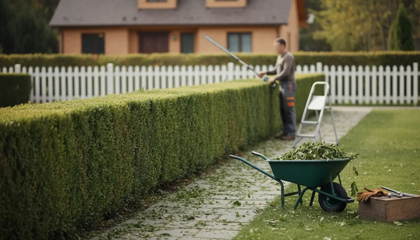 En person trimmer en lang, tæt hæk i en villahave med trillebør og værktøj ved siden af.