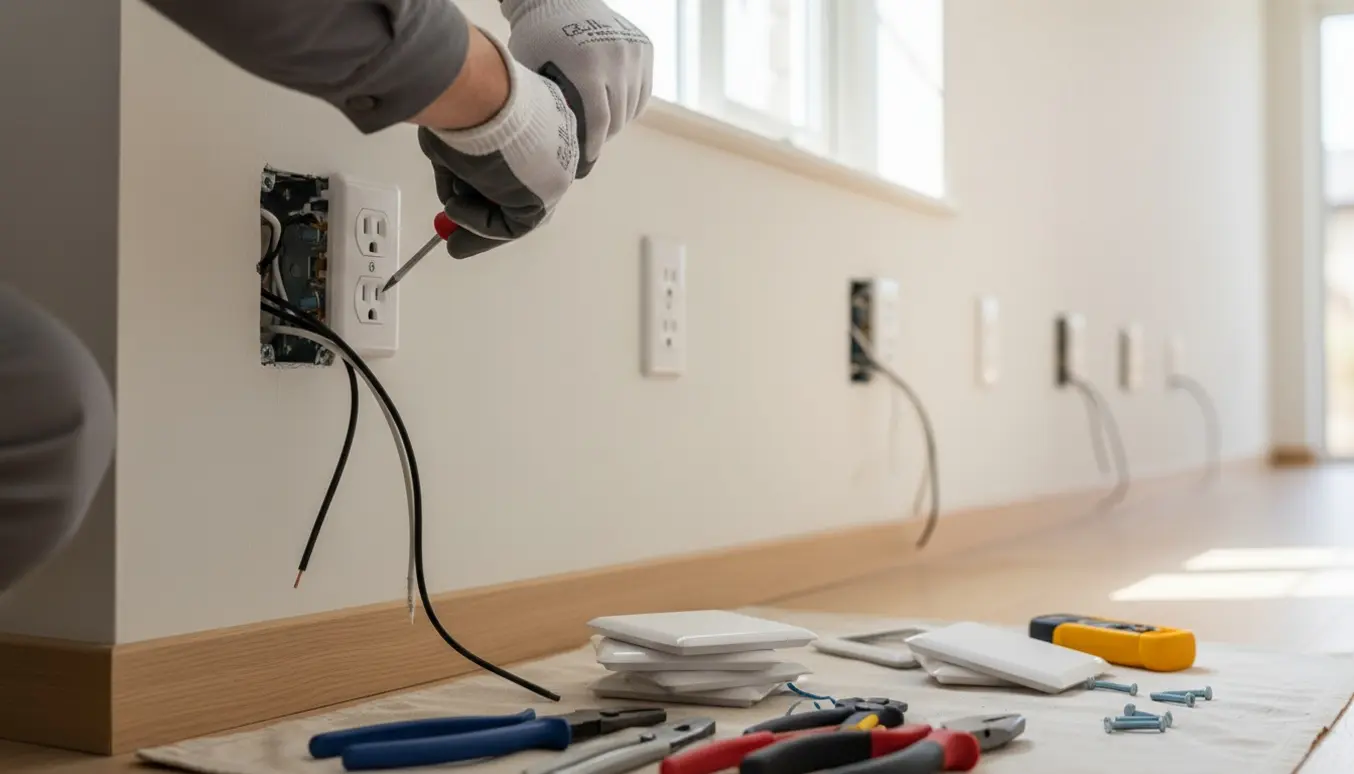 Hænder udskifter en stikkontakt i en lys gang med værktøj og flere nyligt udskiftede kontakter langs væggen.