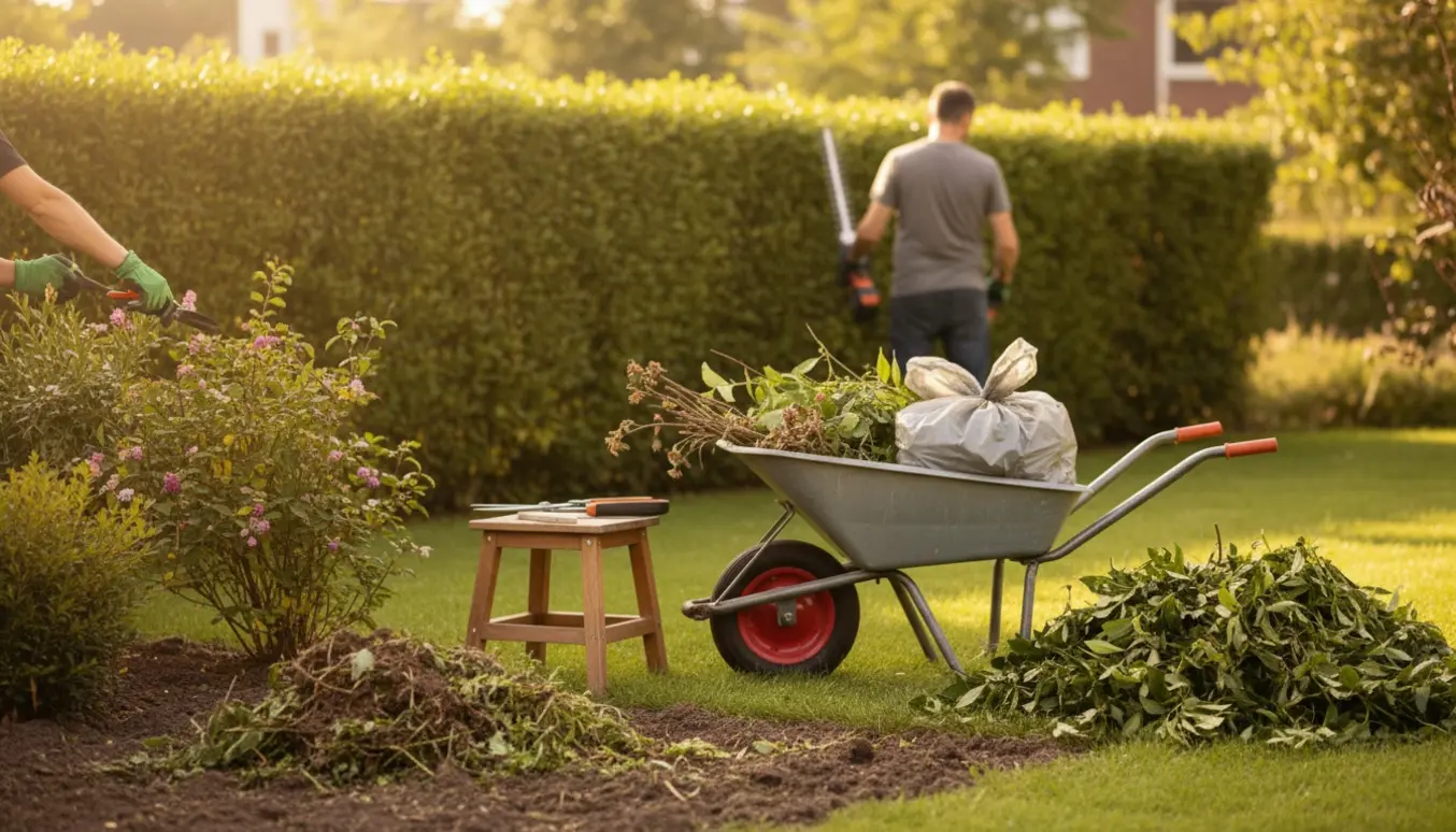 Nysnittet hæk og beskårne buske med en trillebør fyldt med haveaffald i blødt morgenlys.