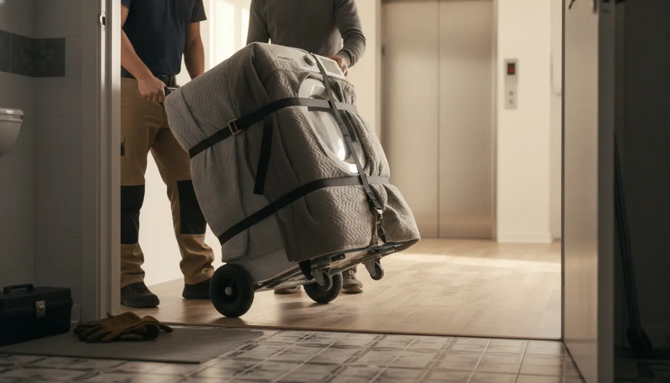 To flyttearbejdere transporterer en hvid frontbetjent vaskemaskine på en dolly mod en moderne elevator i en lys opgang.