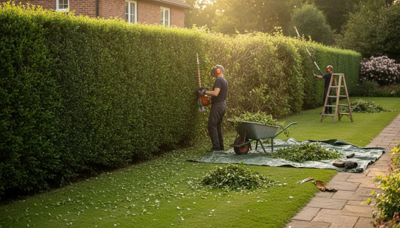 En gartner trimmer en lang ligusterhæk med en tydelig forskel mellem nyklippet og overgroet sektion.